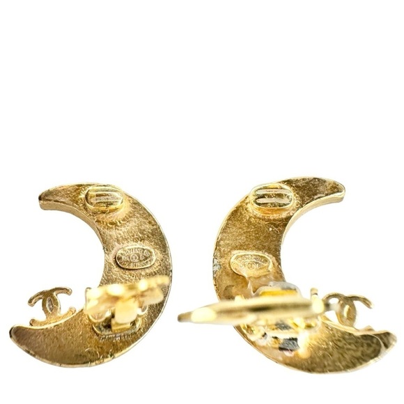 RARE Authentic CHANEL Gold & Black Crystal Crescent Moon CC Clip On Earrings - Picture 7 of 16